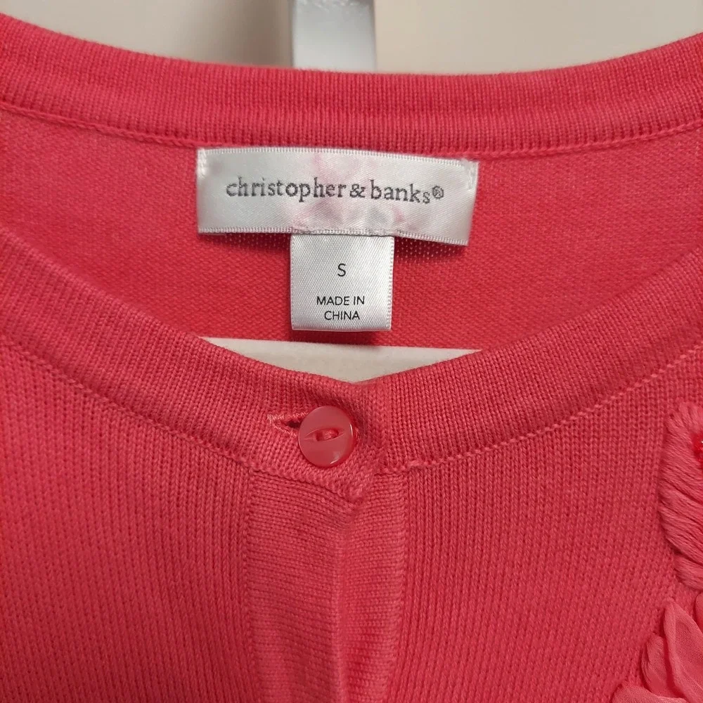 Christopher & Banks Womens Coral Pink Floral Beaded Cotton Cardigan Sweater S